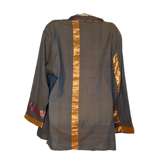 CP Shades Top Small Tan Multi Iridescent Trim Wrap Tunic Duster Lagenlook Boho - Picture 2 of 12